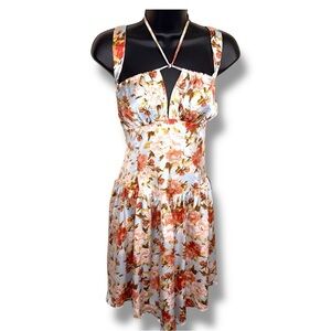 New Cider Juniors Large Dress Colorful Floral Print Satin Coquette Sleeveless